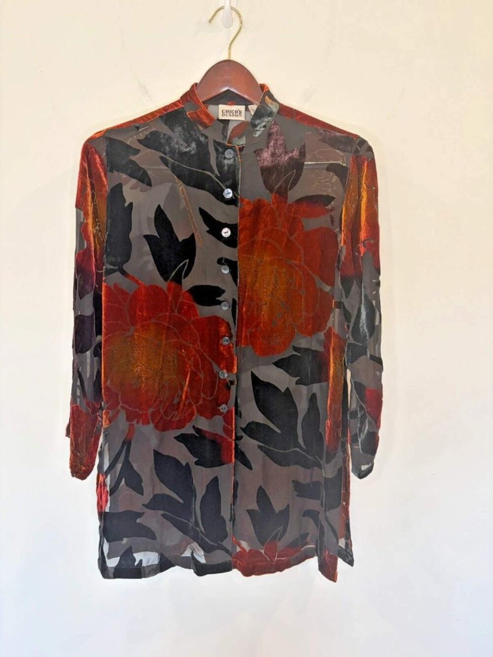 Vintage Chicos Silk Blend Velvet Burnout Long Tunic 1/M Blouse Boho Whimisgoth